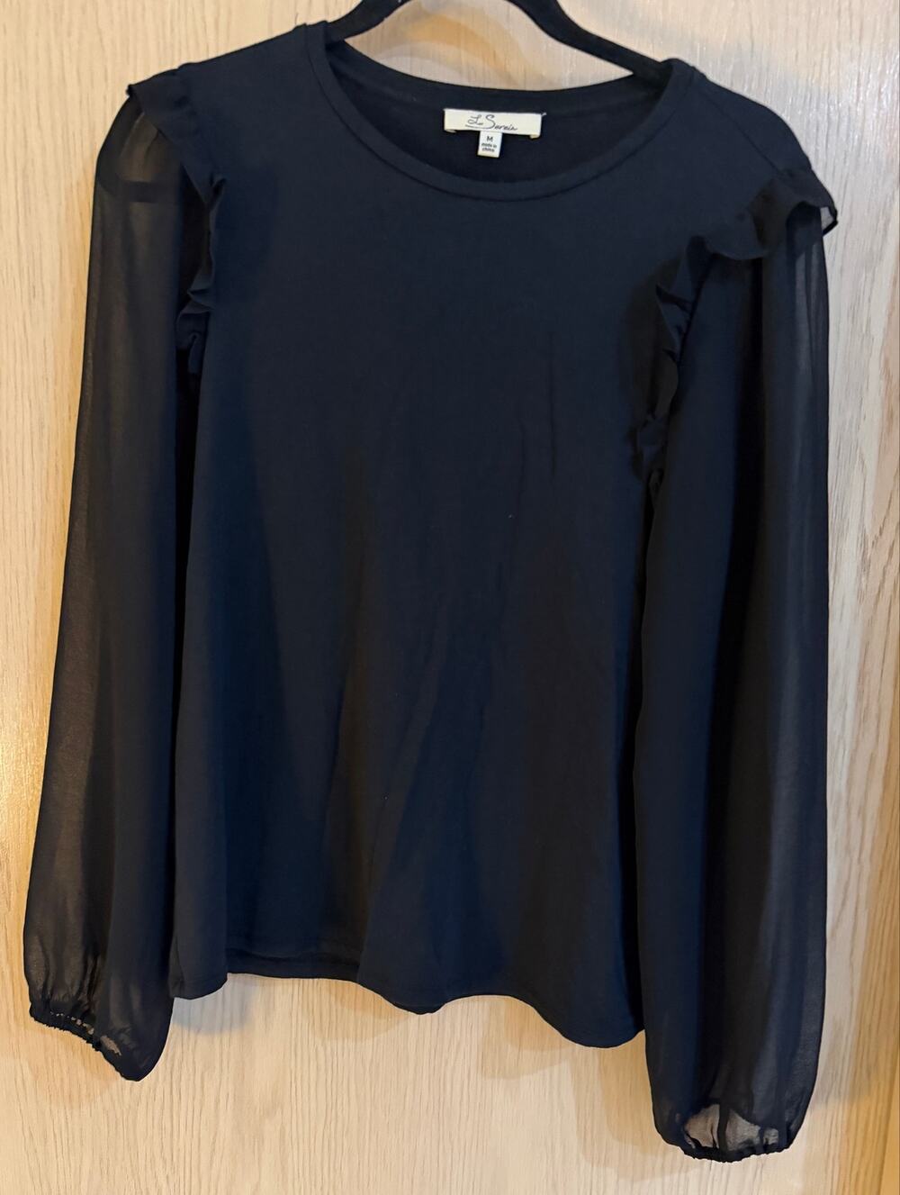 Les Seréin Black Sheer Sleeve Ruffle Blouse Top Size M